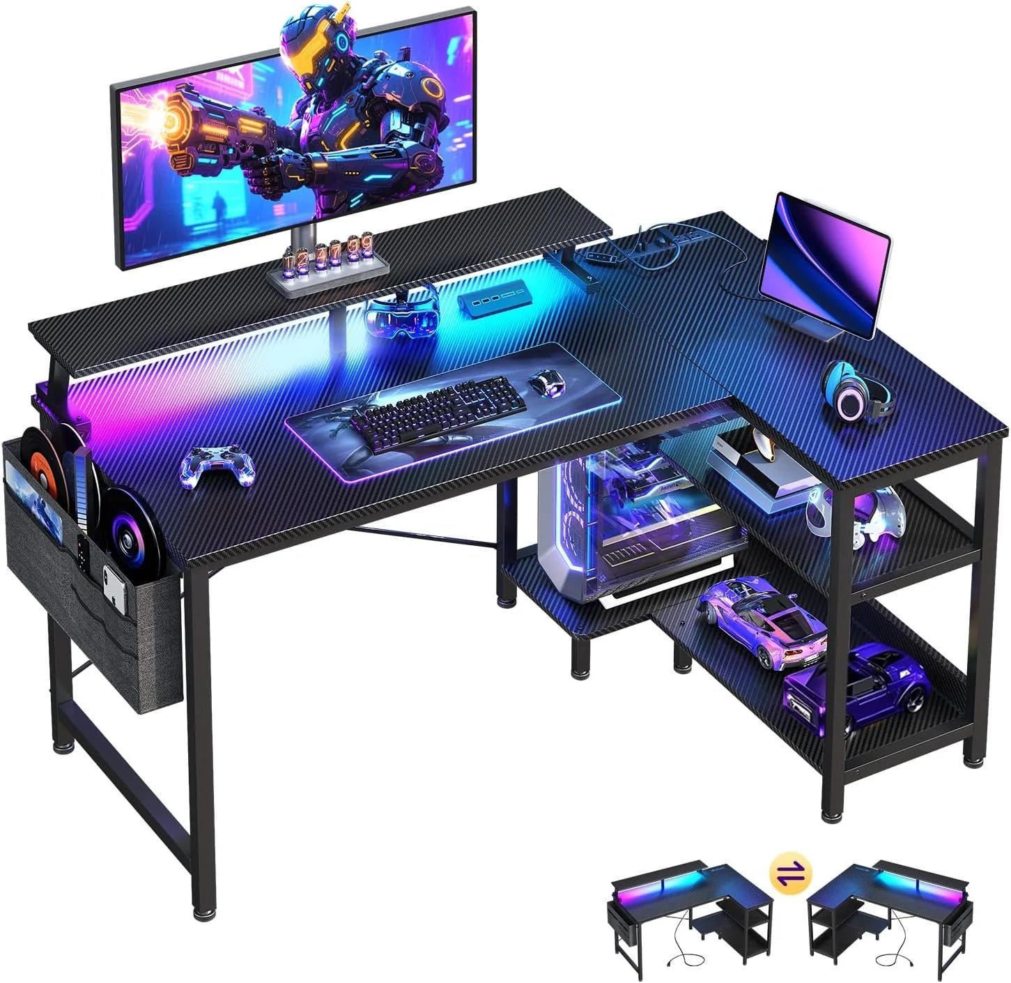Lumi Discount 48 Inch Gaming Desk with USB Charging Ports and LED Lights, Reversible L Shaped Computer Desk with Storage Shelves - Image 4