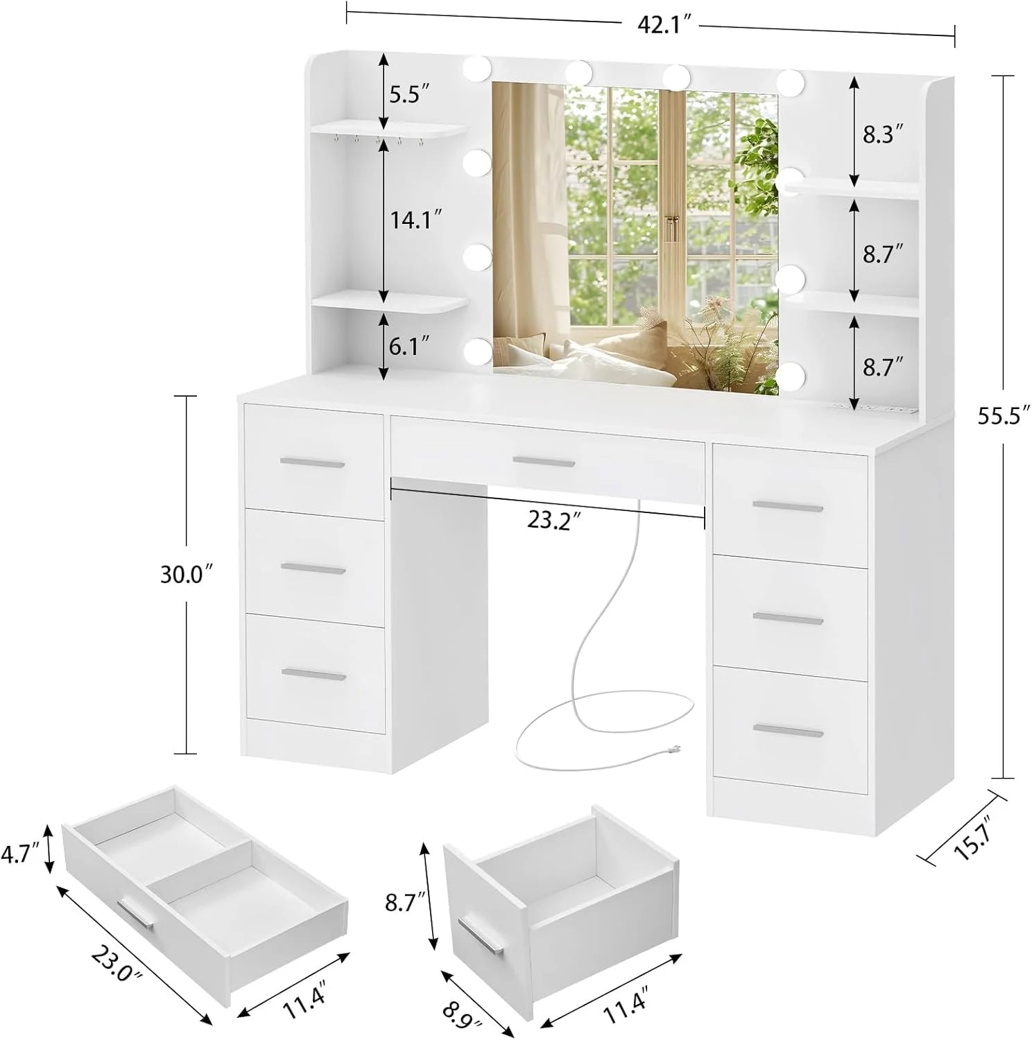 Discount Large Vanity Desk with LED Lighted Mirror & Power Outlet, Makeup Vanity Table with 7 Drawers - Image 6
