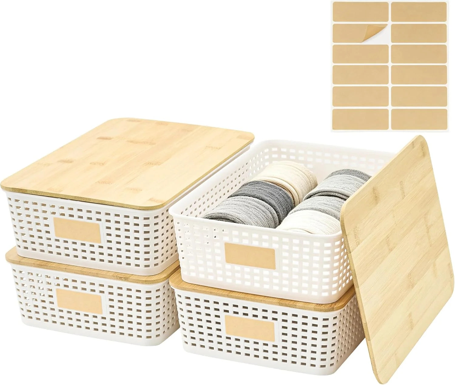 Discount Small Plastic Storage Bins with Bamboo Lids 5.2qt Stackable Box Basket Pantry Decorative Containers Cute - Image 8