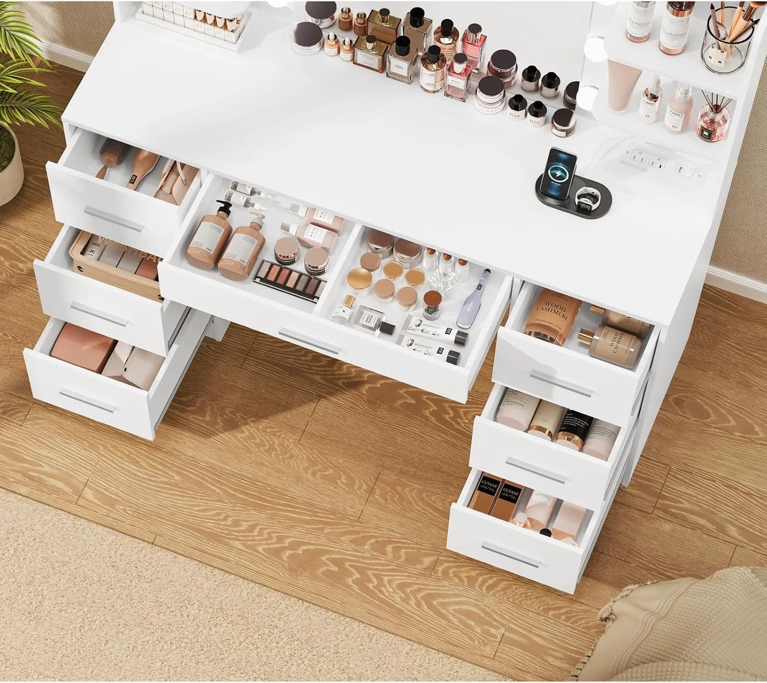 Discount Large Vanity Desk with LED Lighted Mirror & Power Outlet, Makeup Vanity Table with 7 Drawers - Image 8
