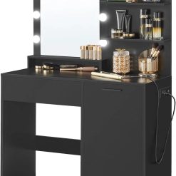 Alternative view of Discount VASAGLE KAILYN Collection, Vanity Desk with Mirror and 9 LED Bulbs, Dressing Table with 9 Drawers