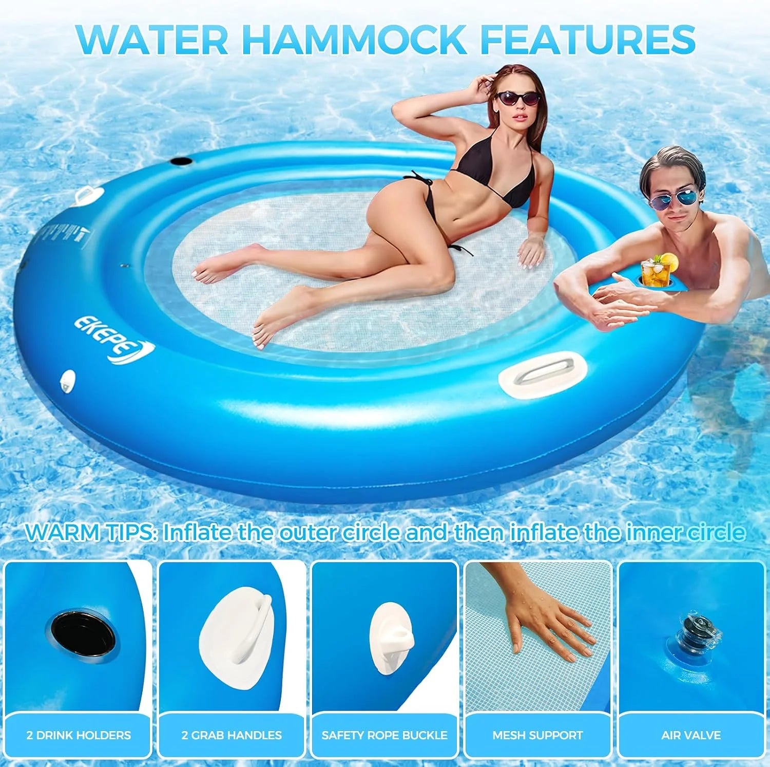 Lumi Discount Round Inflatable Water Hammock, 7ft Heavy Duty Tanning Pool Lounger Sunchill Float Ring - Image 3