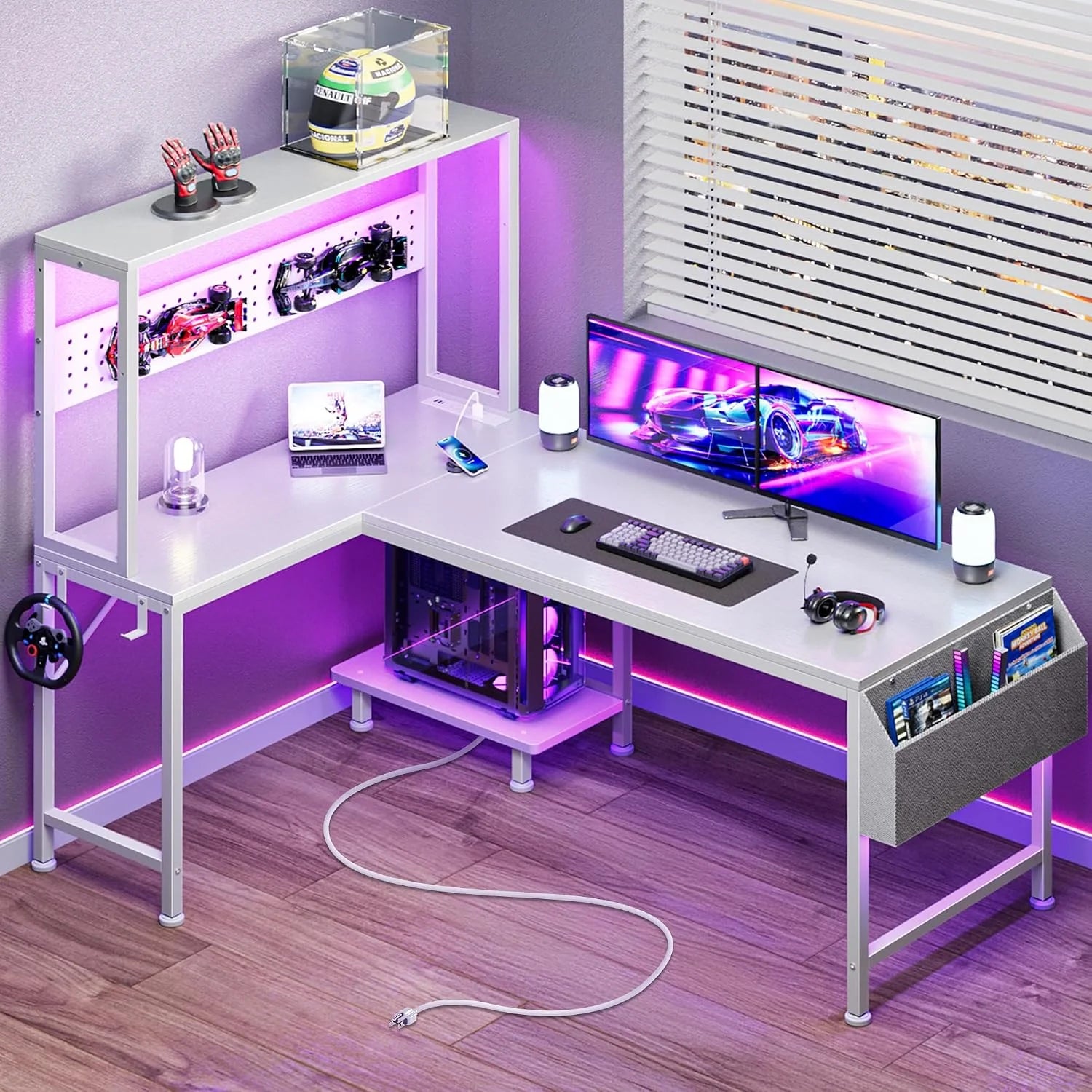 Discount L Shaped Gaming Desk with LED Lights & Power Outlets, Reversible Computer Desk with Storage Shelves & Bag - Image 9