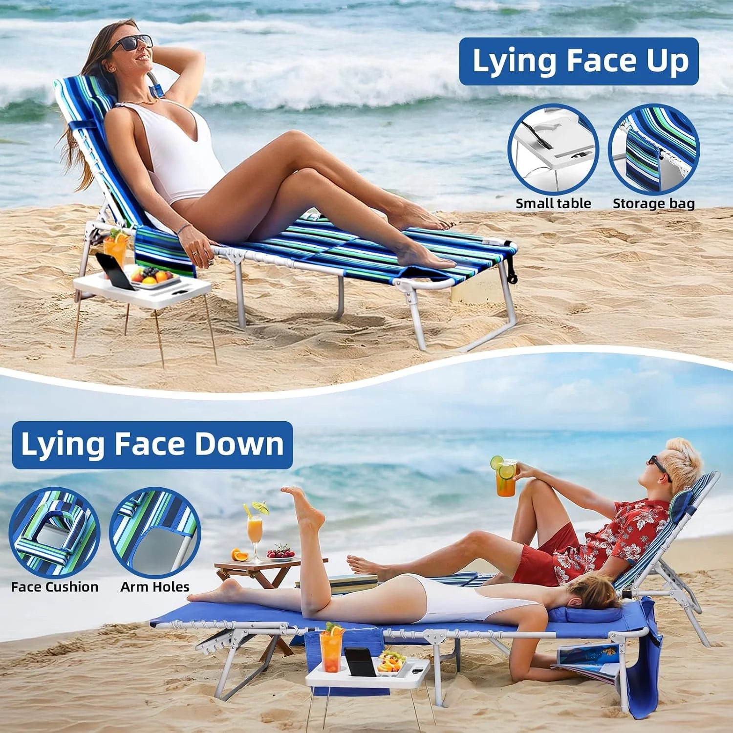 Lumi Discount Beach Chair Face Holes, Lounge Chair Outdoor with Folding Side Table, 5-Position Recliner, Max 330lbs - Image 4