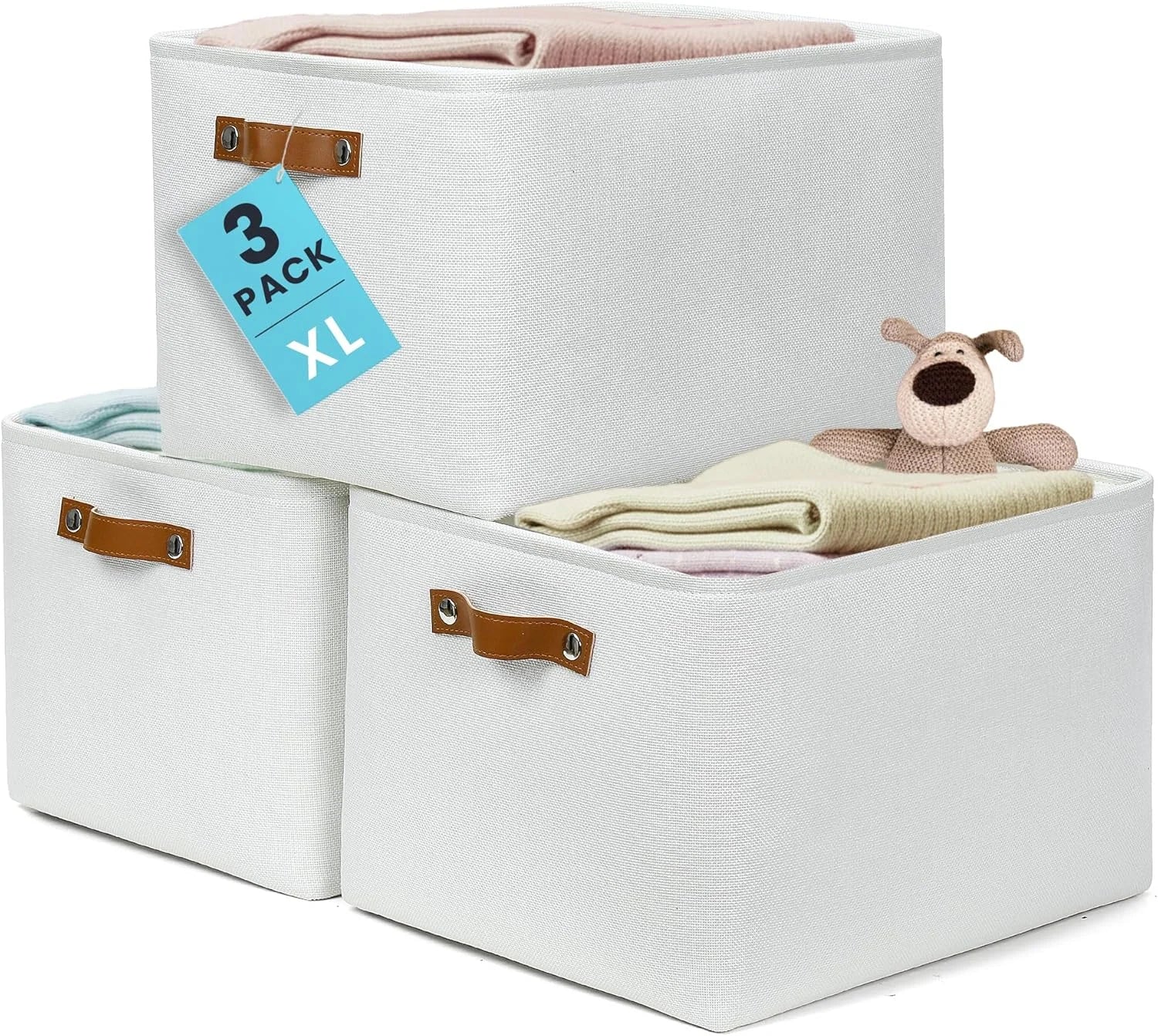 Discount Baskets 3 Pack, Fabric Bins for Shelves, Vegan leather handles - Image 6