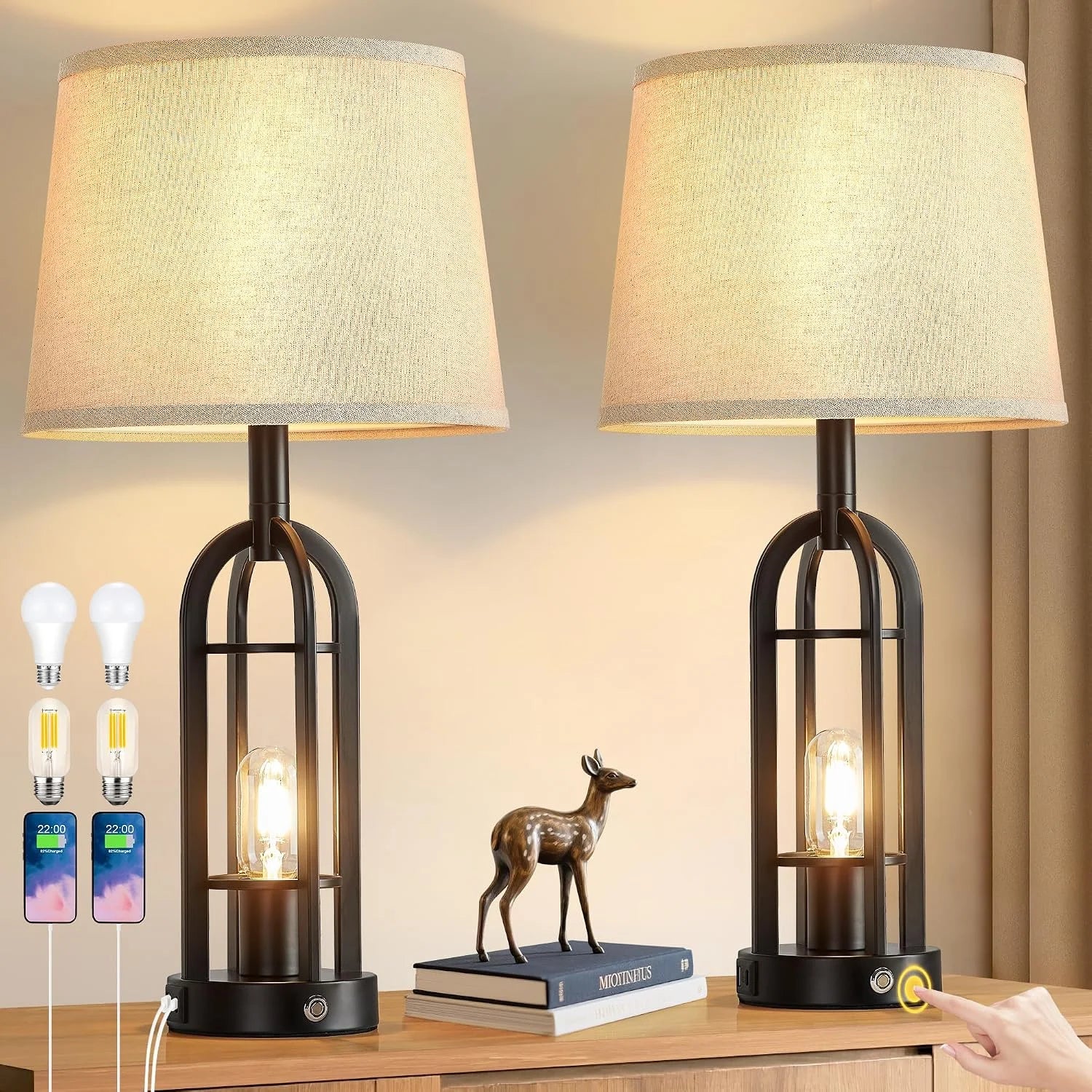 Discount Black Table Lamps for Living Room Set of 2, Farmhouse Lamps for Night Stands with USB A+C - Image 7