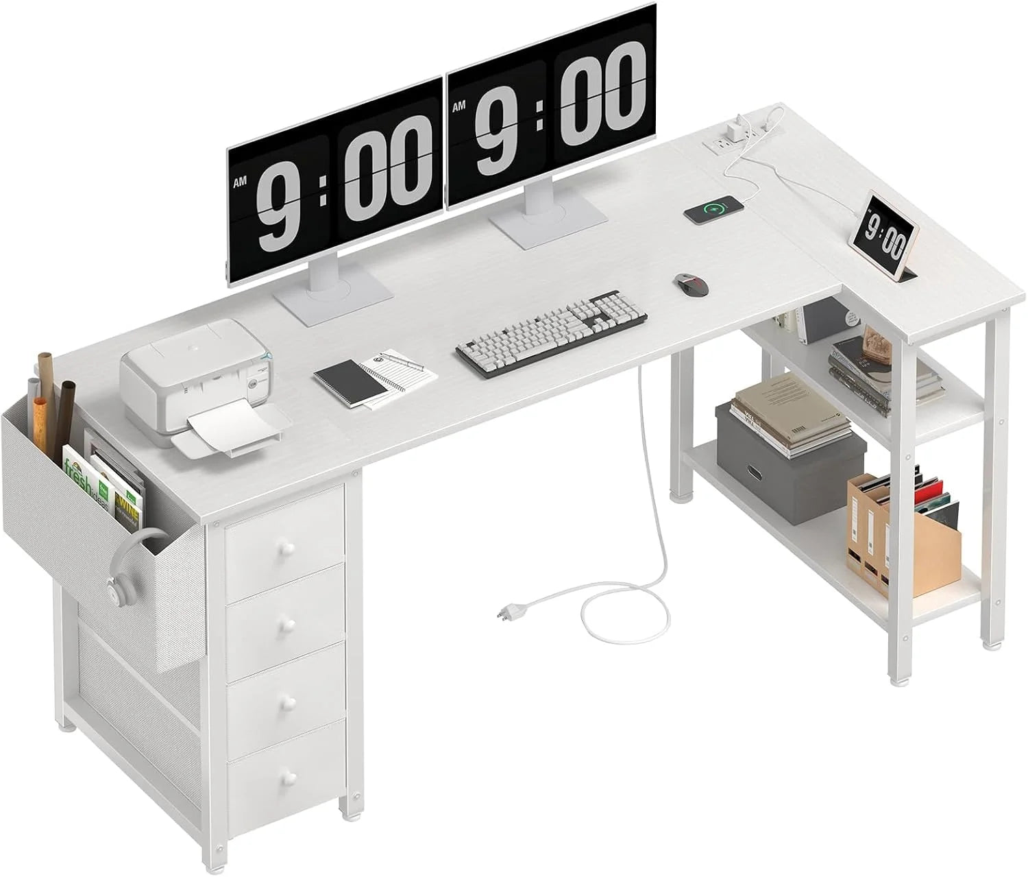 Discount Lufeiya White L Shaped Computer Desk with Drawers & Storage Shelves, 47 Inch Corner Reversible Desk with Power Outlet - Image 8