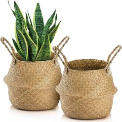 Discount Woven Seagrass Plant Basket with Handles, Ideal Wicker Baskets Storage Plant Pot Baskets for Laundry