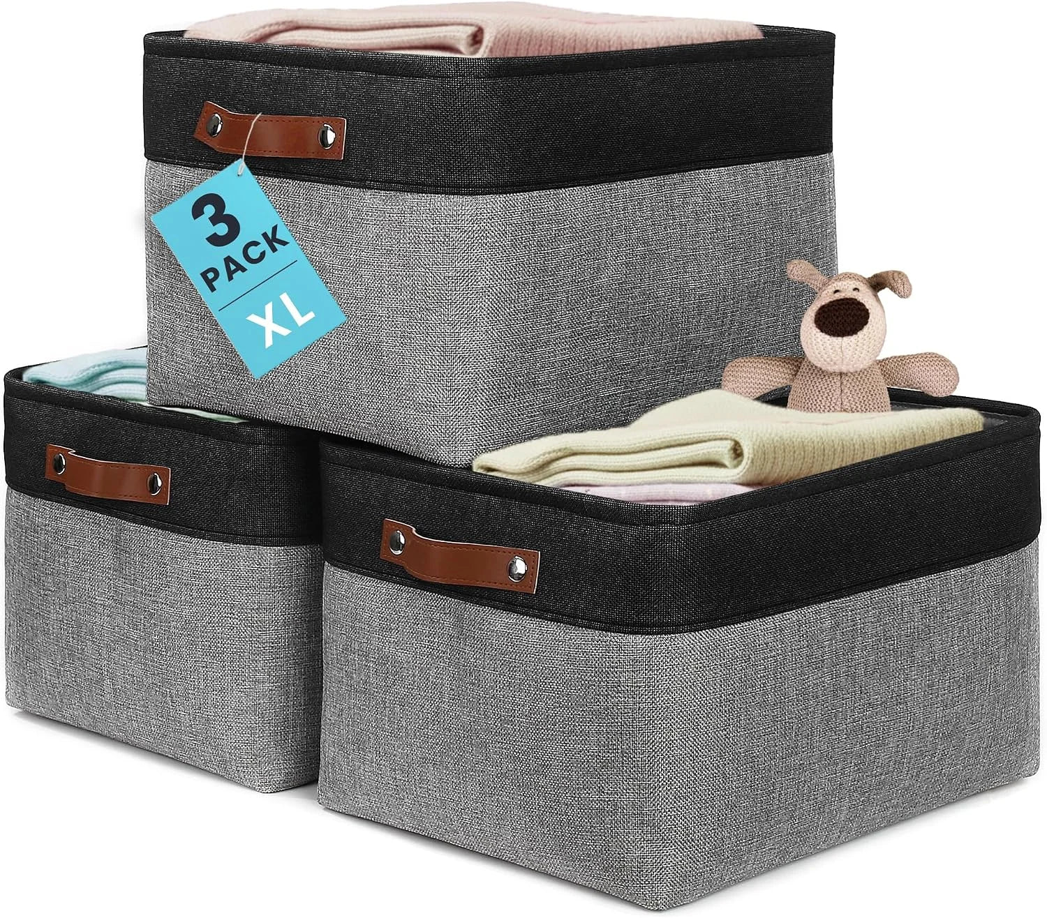 Discount Baskets 3 Pack, Fabric Bins for Shelves, Vegan leather handles - Image 18
