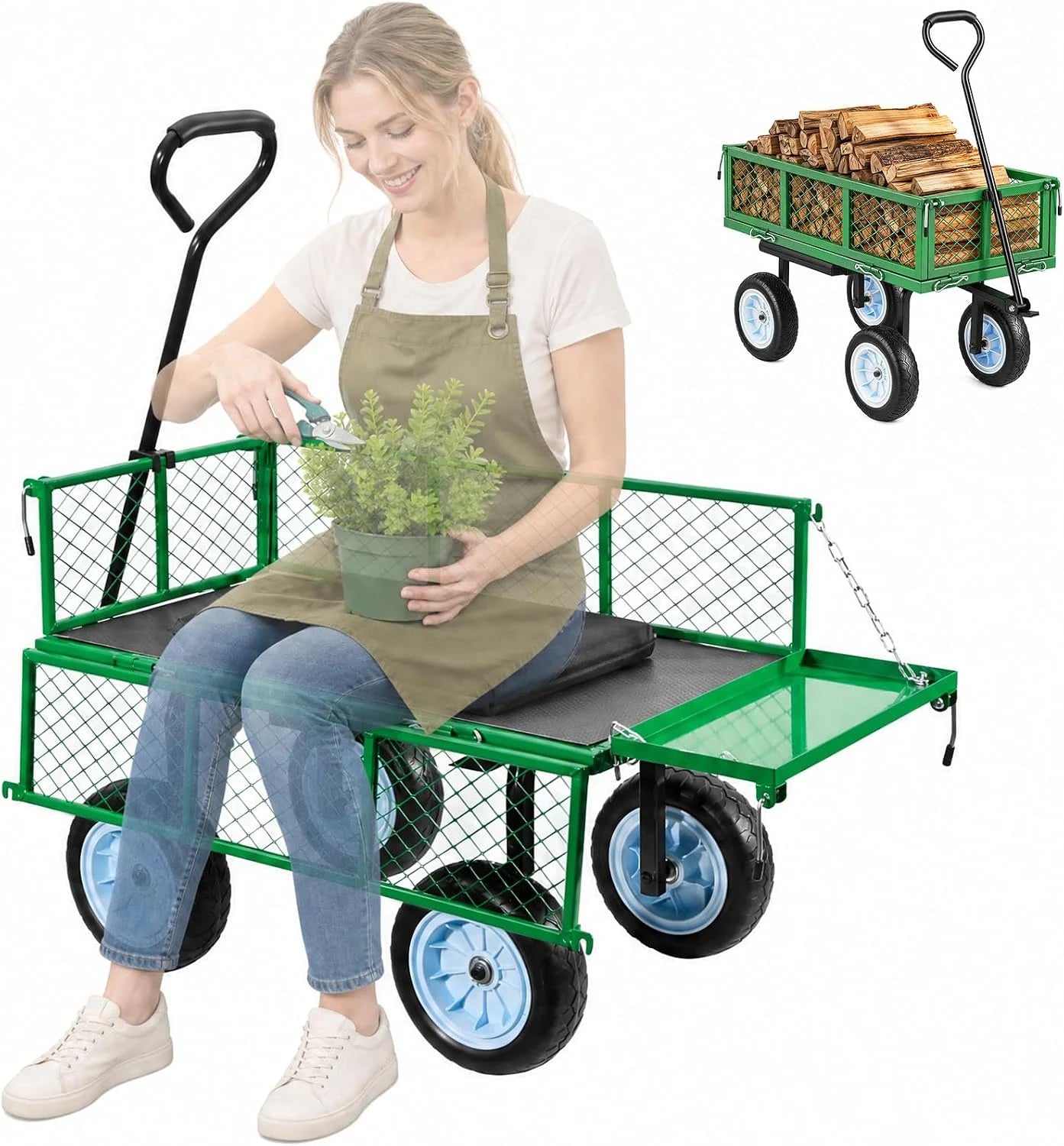 Discount VEVOR 500 LBS Steel Garden Cart with Work Seat, Heavy Duty Garden Wagon Cart on Wheels - Image 3