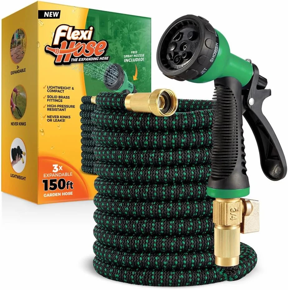 Lumi Discount Hose with 8 Function Nozzle, 100FT, 3/4 Inch Solid Brass Fittings and Double Latex Core