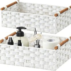 Discount Storage Basket, Set of 2 Hand-Woven Paper Rope Wicker Basket for Organizing with Handle Decorative Storage