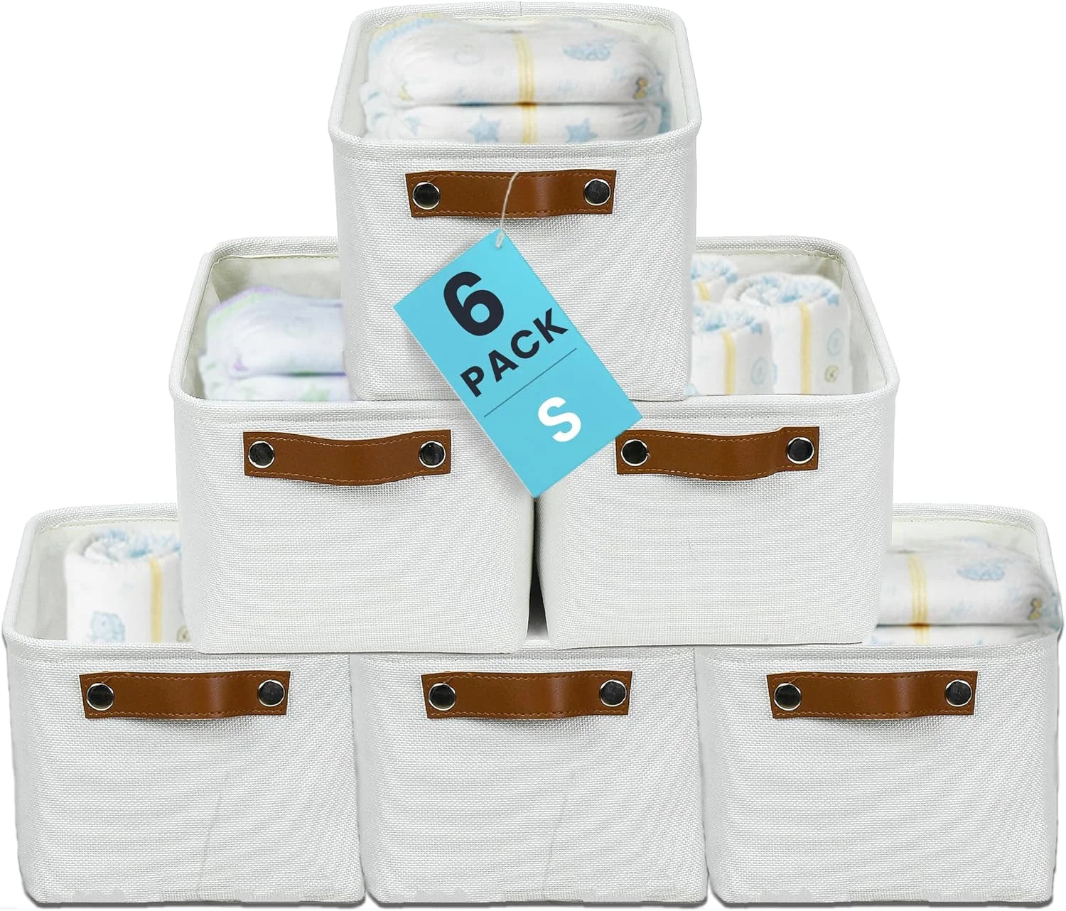 Discount Baskets 3 Pack, Fabric Bins for Shelves, Vegan leather handles - Image 5