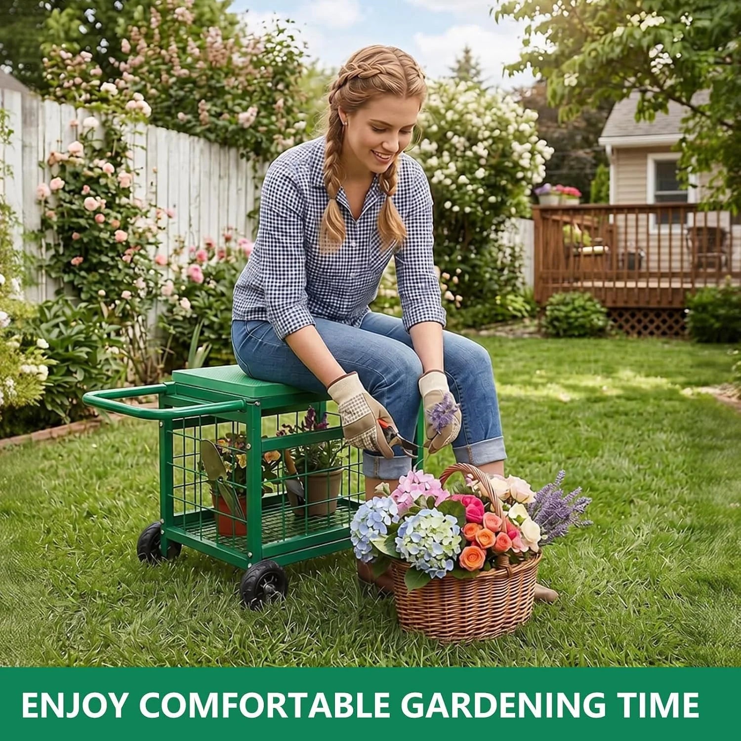 Lumi Discount Garden Seat with Wheels, Rolling Garden Stool Heavy Duty Gardening Cart with Seat and 20 Quart Storage Space for Patio