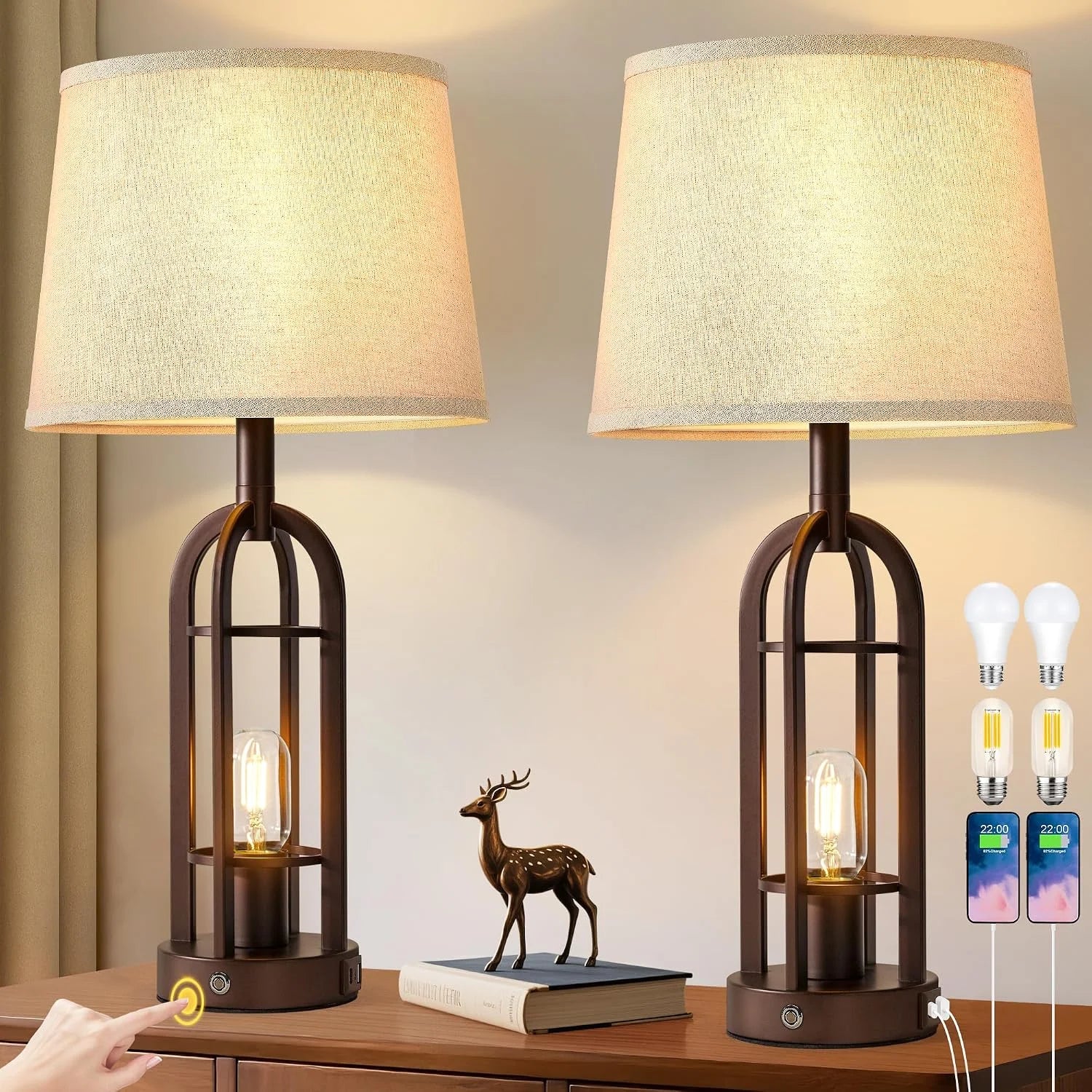 Discount Black Table Lamps for Living Room Set of 2, Farmhouse Lamps for Night Stands with USB A+C - Image 2