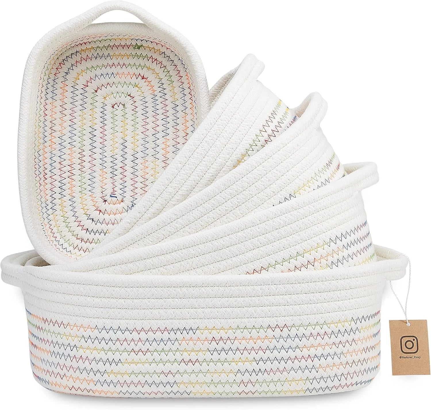 Discount 5-Piece Rectangle Storage Basket Set- Natural Cotton Rope Woven for Organizing! Small Basket - Image 3