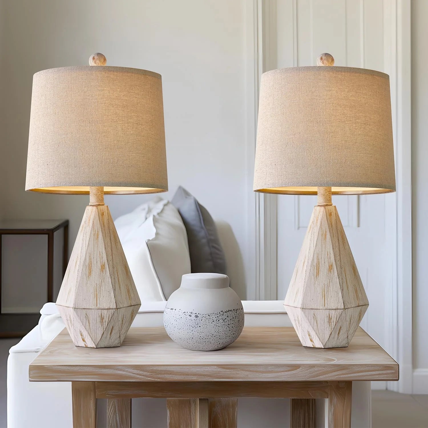 Discount PoKat 20.25" Retro Farmhouse Table Lamp Set of 2, Living Room & Bedroom Rustic Linen Bedside Nightstand Lamps for Kids - Image 2