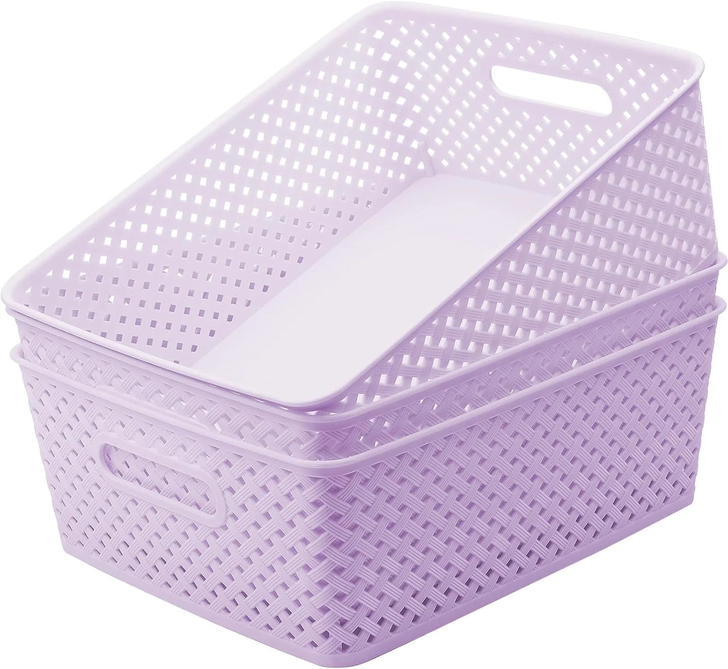 Discount 3 Pack Plastic Storage Baskets, Large, White, Durable Woven Plastic with Built-In Handles - Image 7