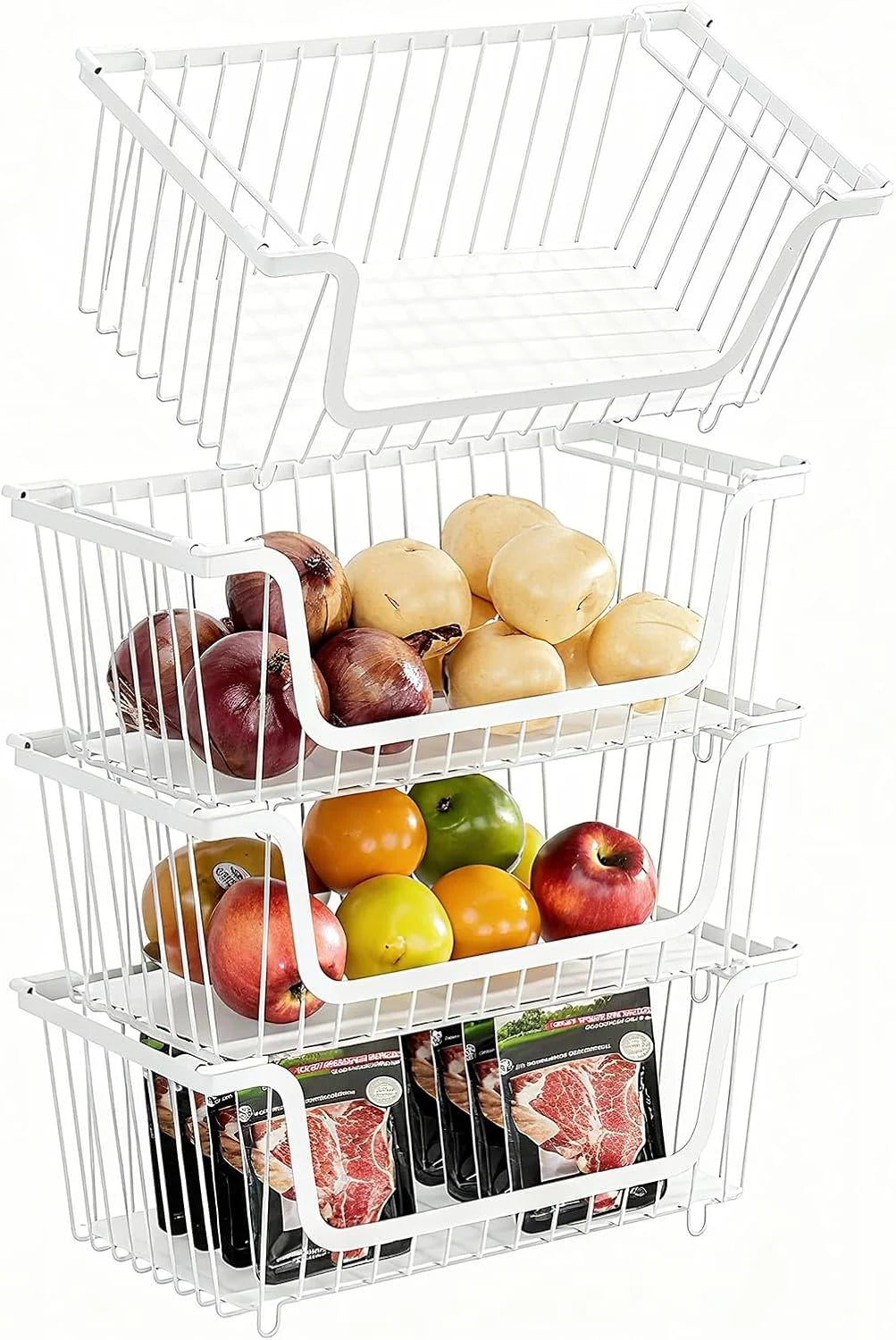 Discount Stackable Wire Baskets Pantry Organizers and Storage Bins, Black, Breathable Metal Design with Rotating - Image 3
