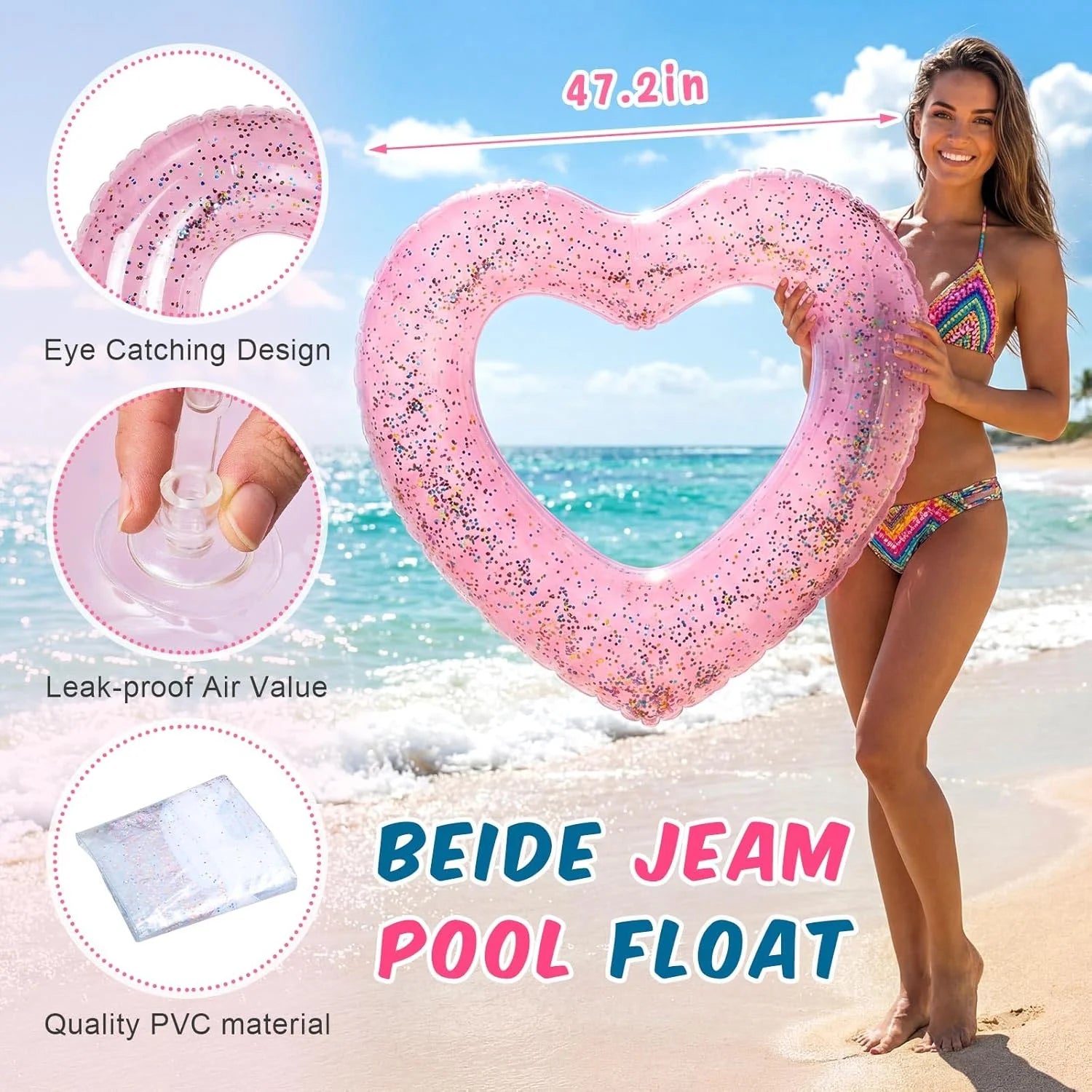 Lumi Discount 5 Pcs Bachelorette Pool Floats Set, Bride Pool Party Decor: 72 Glitter Bride Raft Lounger & 4 Heart Swim Rings - Image 5