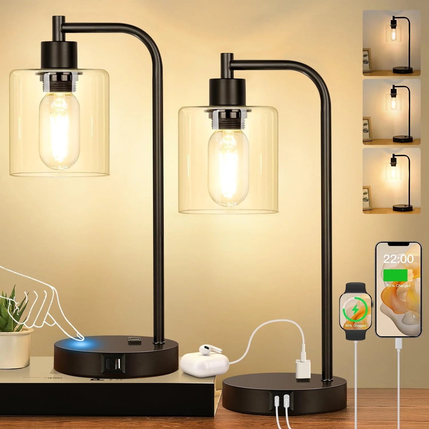 Discount Set of 2 Industrial Touch Control Table Lamps with USB C+A Ports and AC Outlet, Dimmable, Bulb Included - Image 10