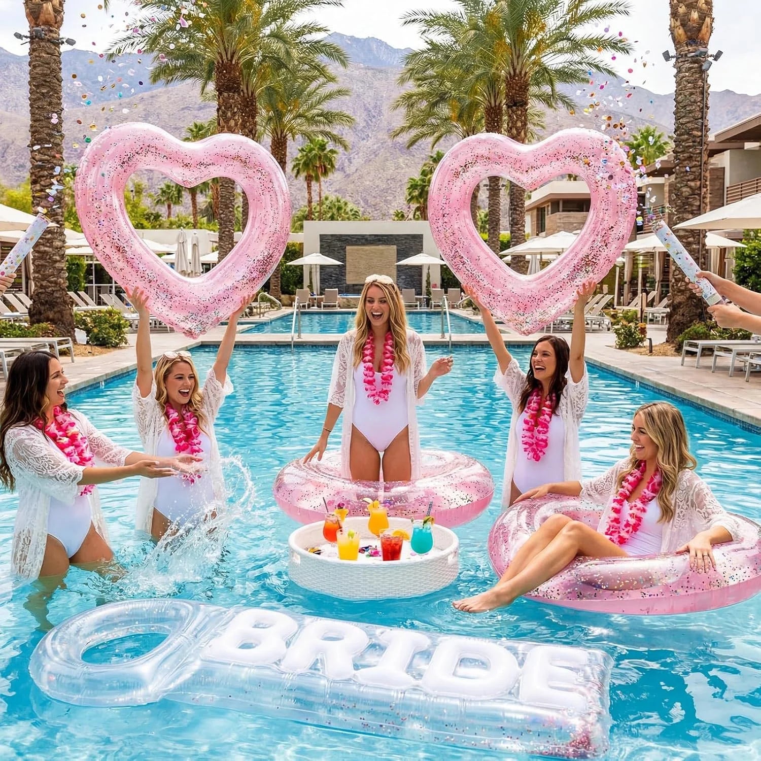 Lumi Discount 5 Pcs Bachelorette Pool Floats Set, Bride Pool Party Decor: 72 Glitter Bride Raft Lounger & 4 Heart Swim Rings - Image 6