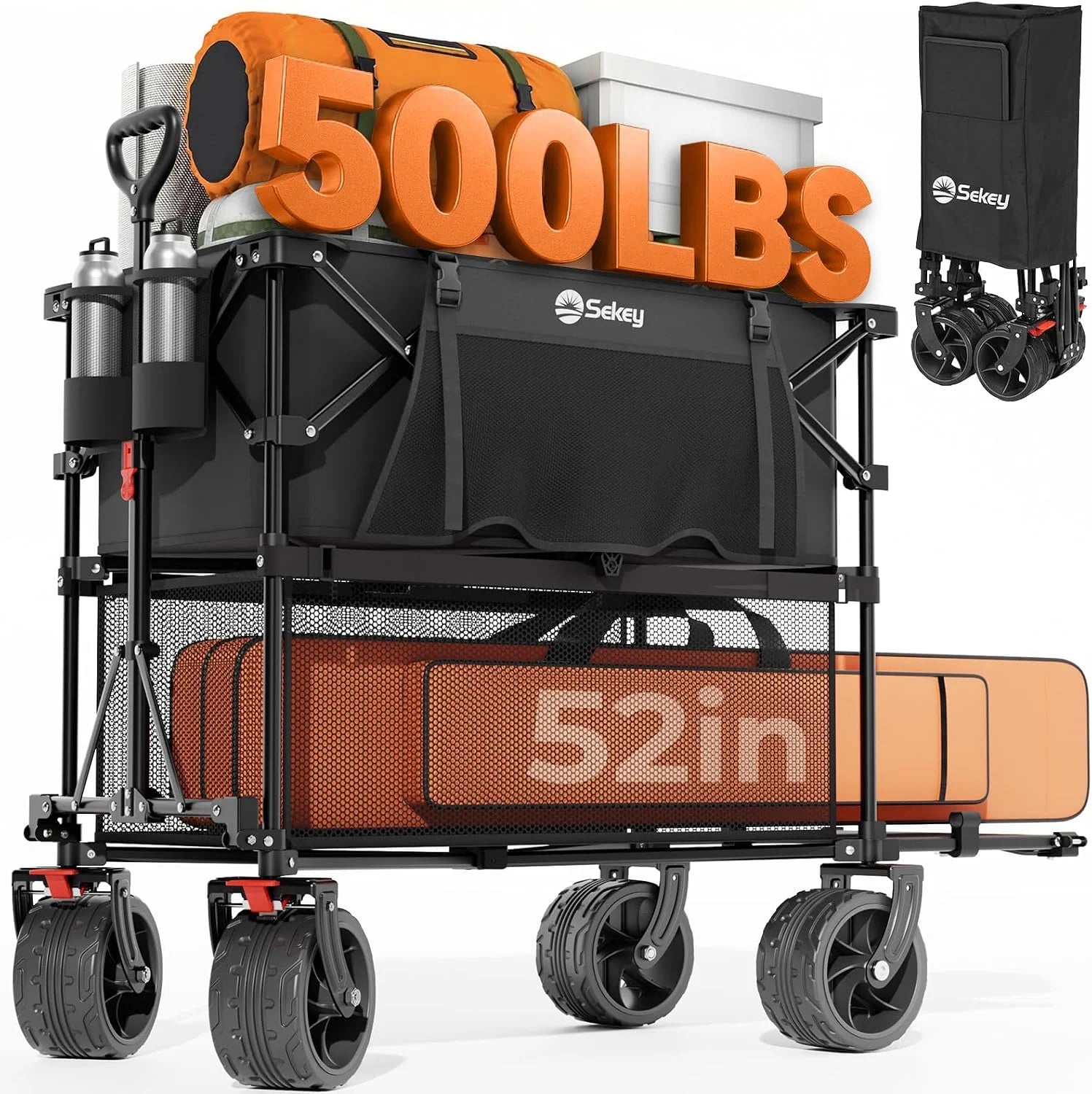 Discount Sekey Double Decker Wagon, 500LBS Heavy Duty Collapsible Utility Cart with 400L Capacity & Extended Lower Shelf