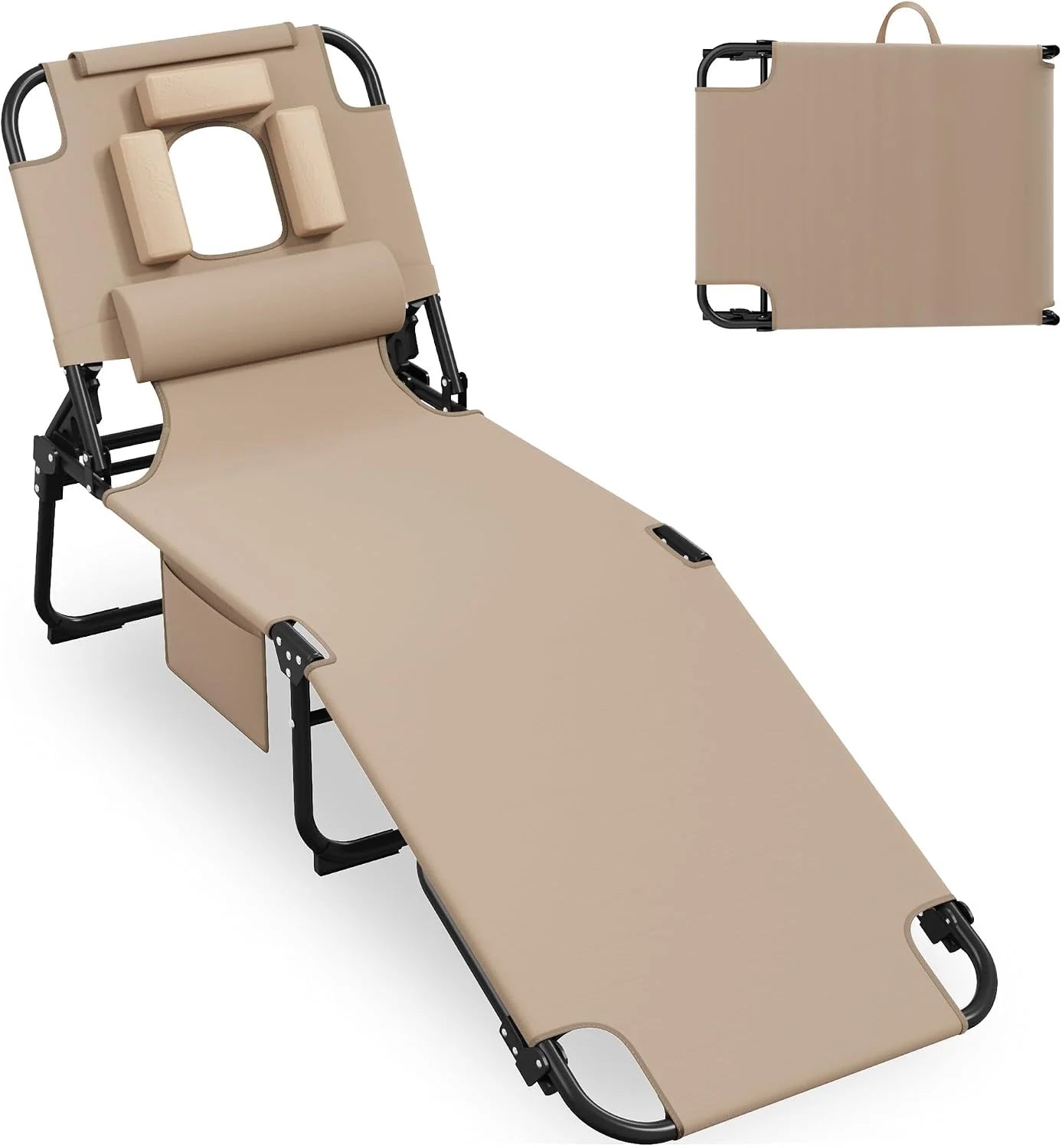 Discount 400lbs Tanning Chair with Face Hole, 5-Position Folding Chaise Lounge Chair with Side Pockets - Image 2
