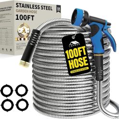 Discount 150ft Stainless Steel Garden Hose, No-Kink Leak-Proof Crush Resistant, 10-Function Nozzle for Lawn Care