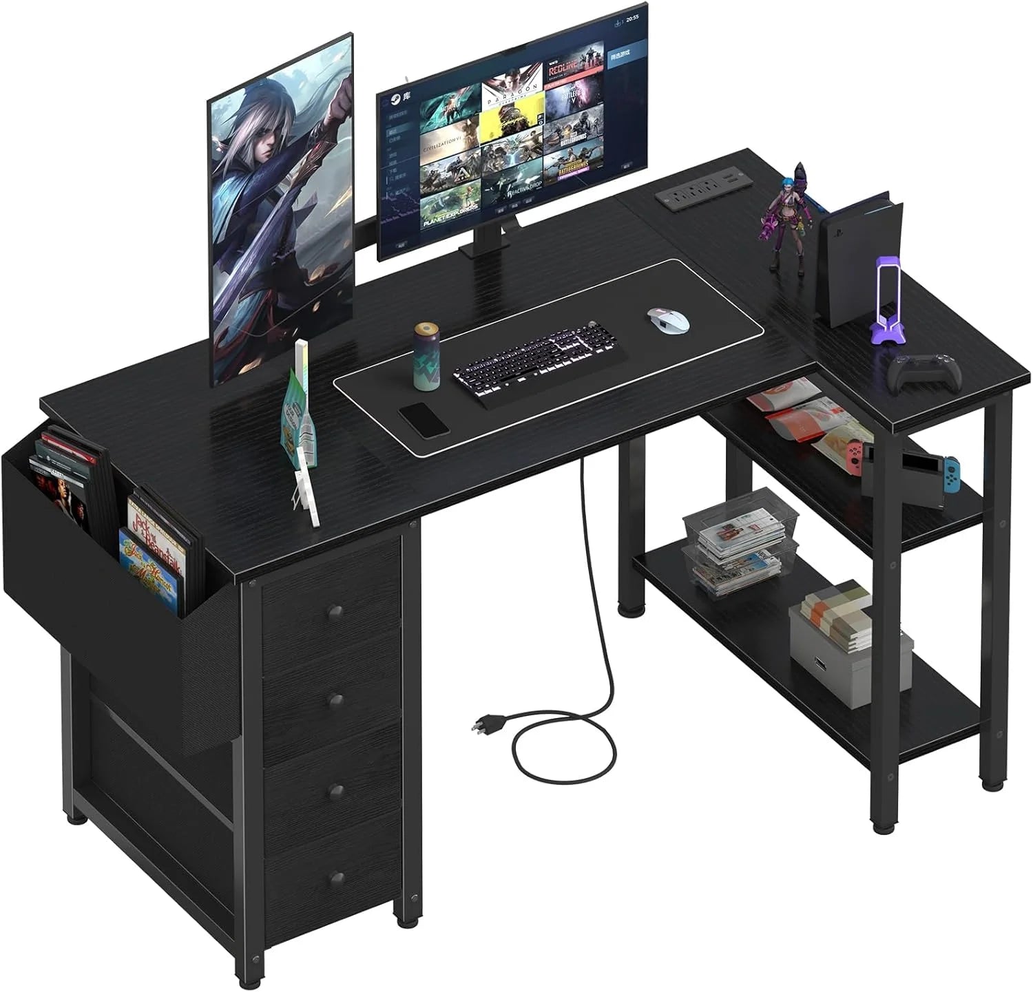 Discount Lufeiya White L Shaped Computer Desk with Drawers & Storage Shelves, 47 Inch Corner Reversible Desk with Power Outlet - Image 9