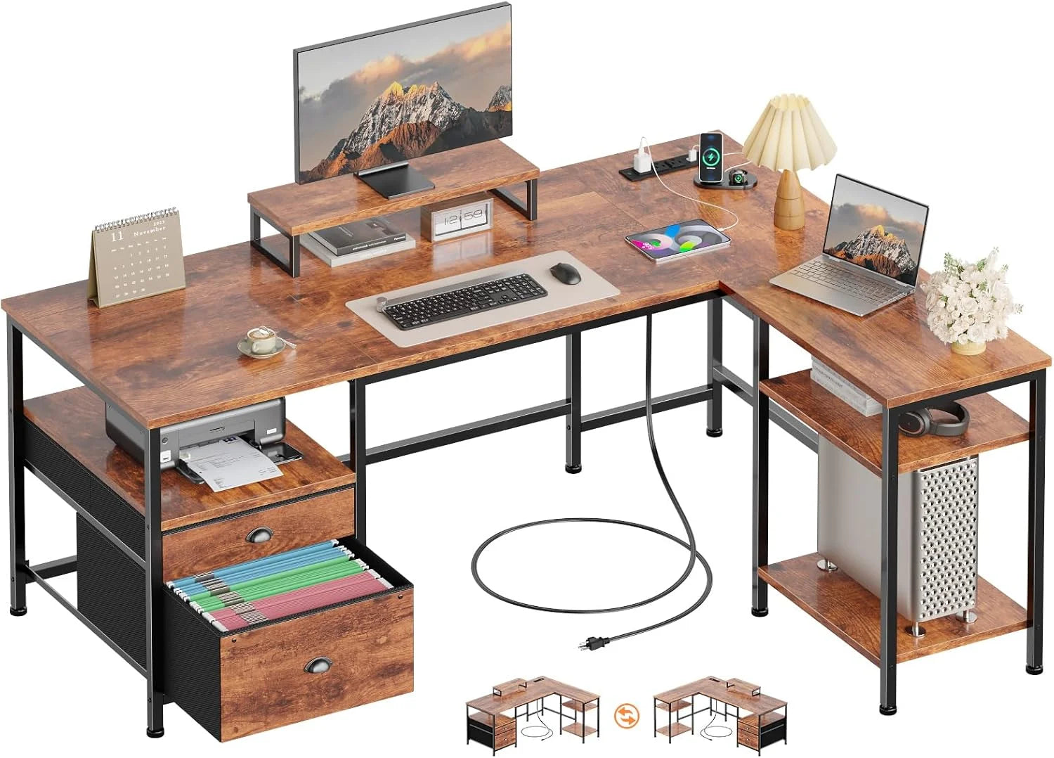 Discount Furologee 66" L Shaped Desk with Power Outlet, Reversible Home Office Desk with File Drawer, 2 Monitor Stands