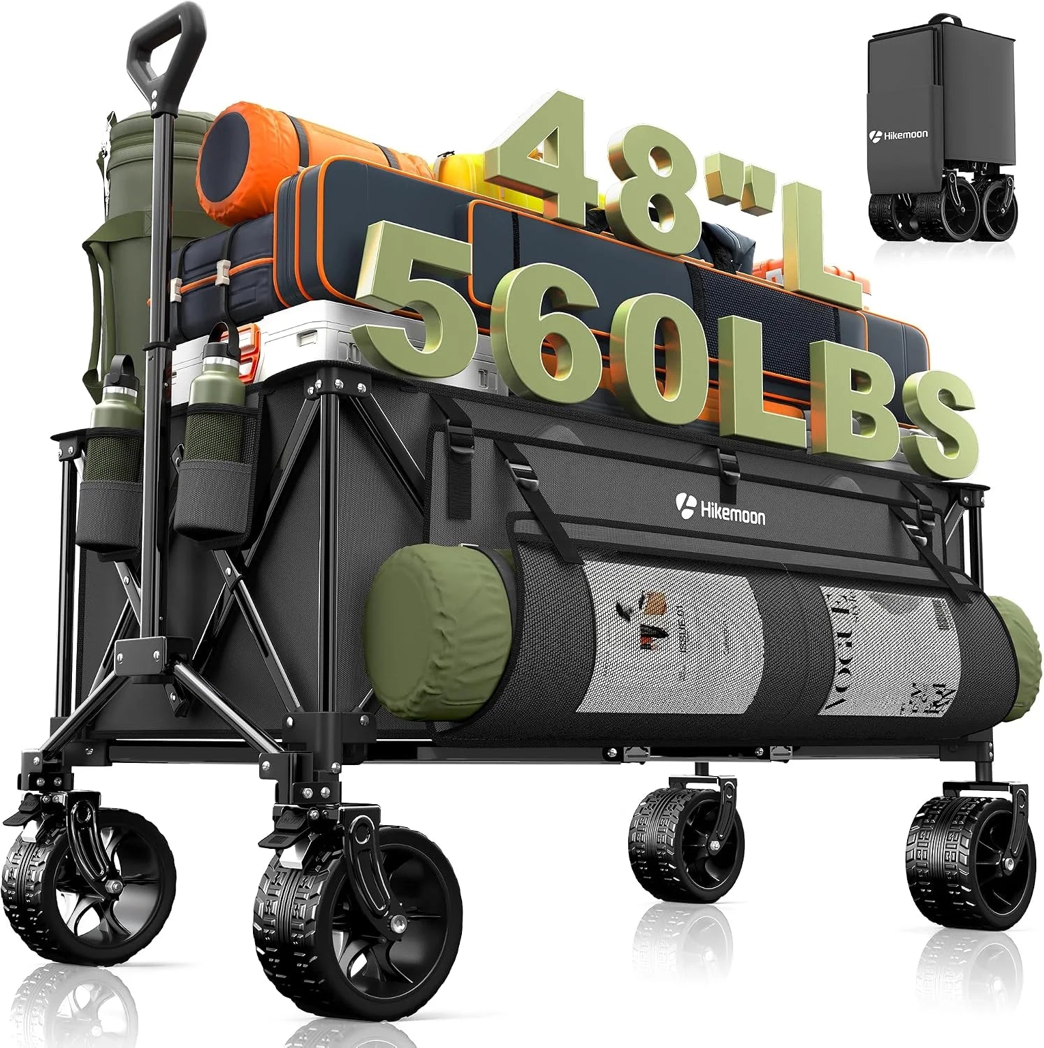 Lumi Discount HIKEMOON 48" Extra Large Collapsible Wagon with Big Wheels, 300L Black, 560LBS Heavy Duty