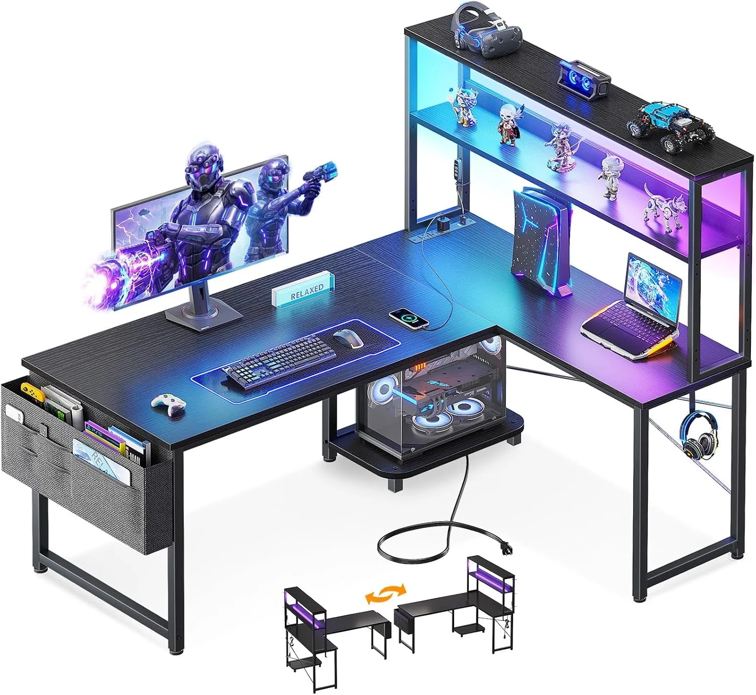 Lumi Discount 53 L Shaped Gaming Desk with Shelves, LED & Outlets - Image 4
