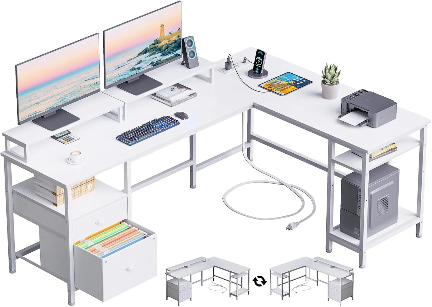 Discount Furologee 66" L Shaped Desk with Power Outlet, Reversible Home Office Desk with File Drawer, 2 Monitor Stands - Image 4