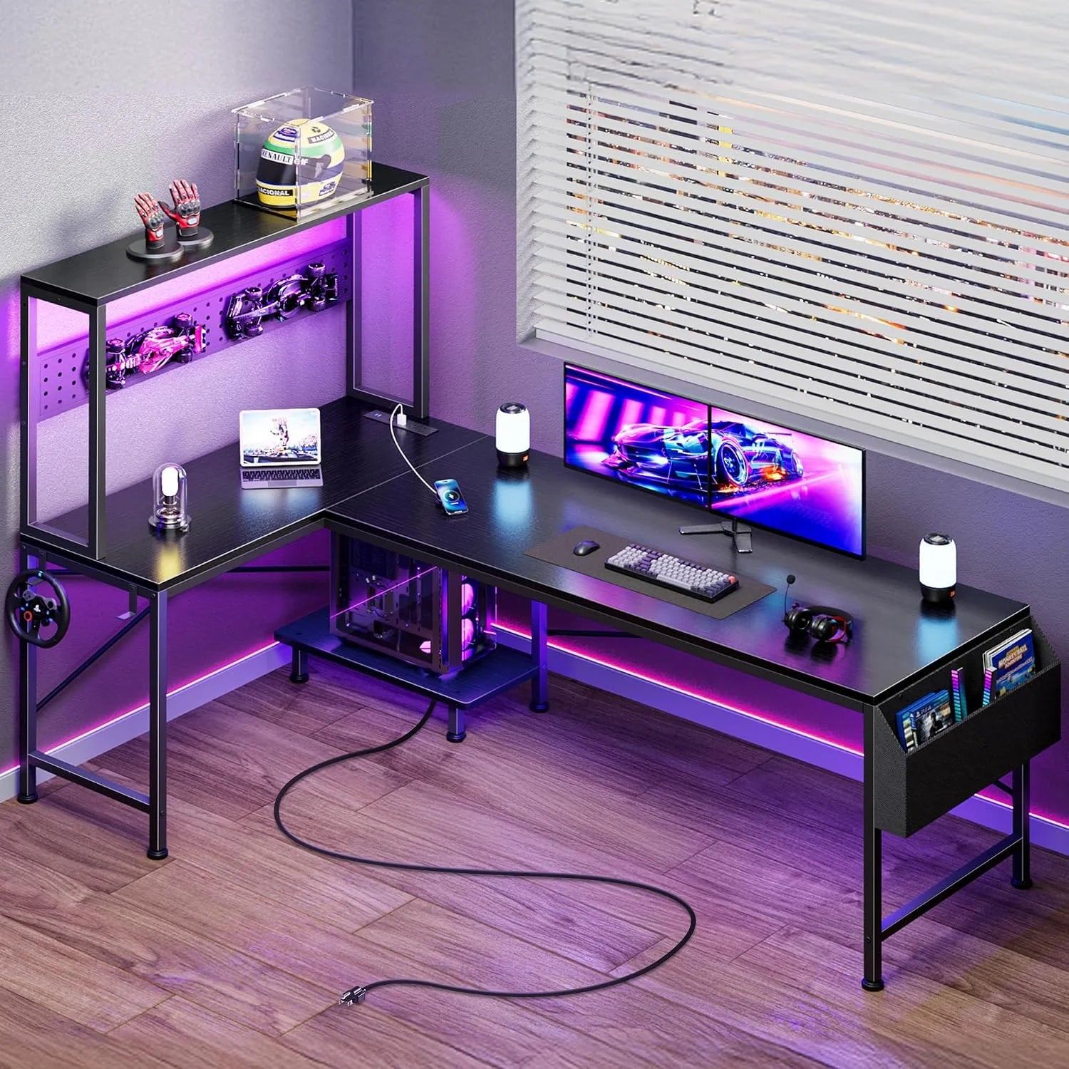 Discount L Shaped Gaming Desk with LED Lights & Power Outlets, Reversible Computer Desk with Storage Shelves & Bag - Image 5