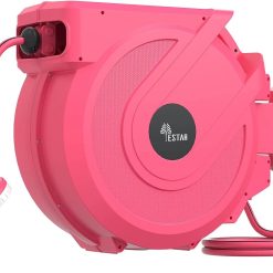 Discount Retractable Garden Hose Reel 5/8 in x100 ft, Heavy Duty Wall Mounted Hose Reel with 10- Function Sprayer Nozzle