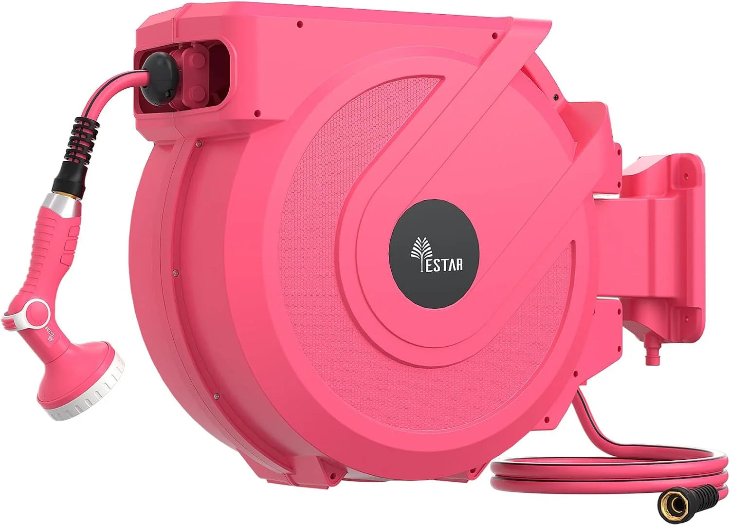 Discount Retractable Garden Hose Reel 5/8 in x100 ft, Heavy Duty Wall Mounted Hose Reel with 10- Function Sprayer Nozzle