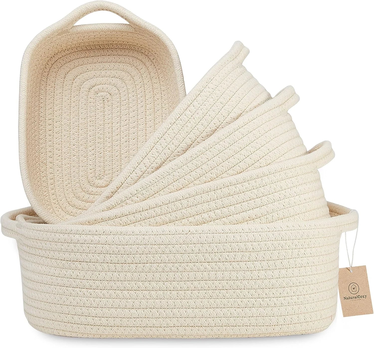 Discount 5-Piece Rectangle Storage Basket Set- Natural Cotton Rope Woven for Organizing! Small Basket - Image 4