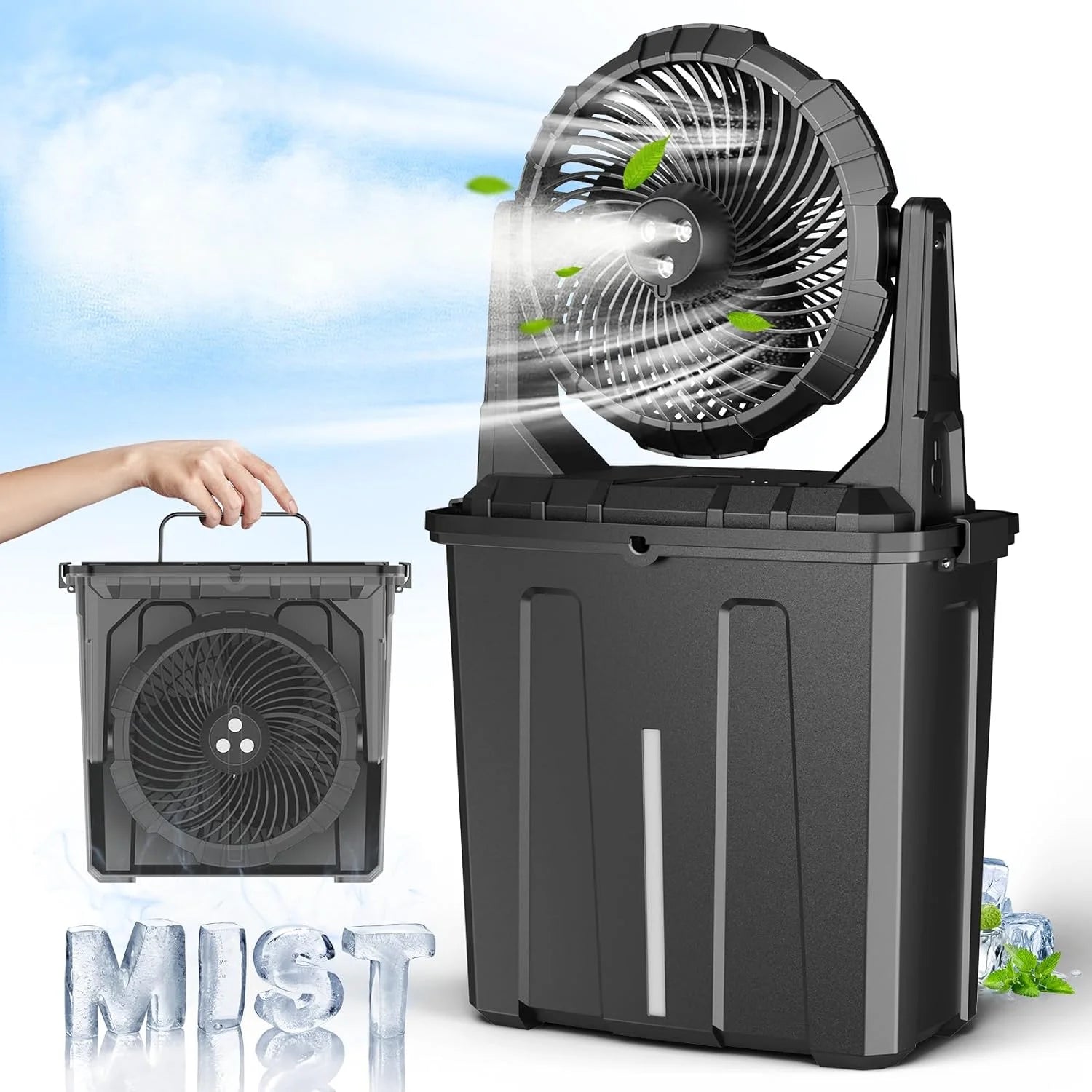 Discount 9L Bucket Portable Misting Fan for Outdoors Patios, 30000mAh Rechargeable Battery Operated Camping Fan