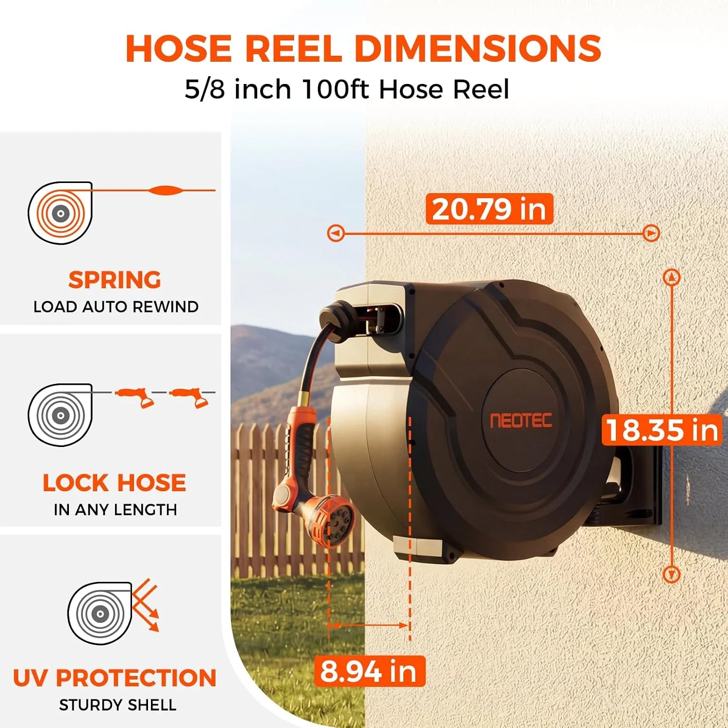 Discount Retractable Garden Hose Reel 5/8 inch x 100 ft Wall-Mounted 9 Pattern Nozzle Any Length Lock Automatic Slow - Image 6