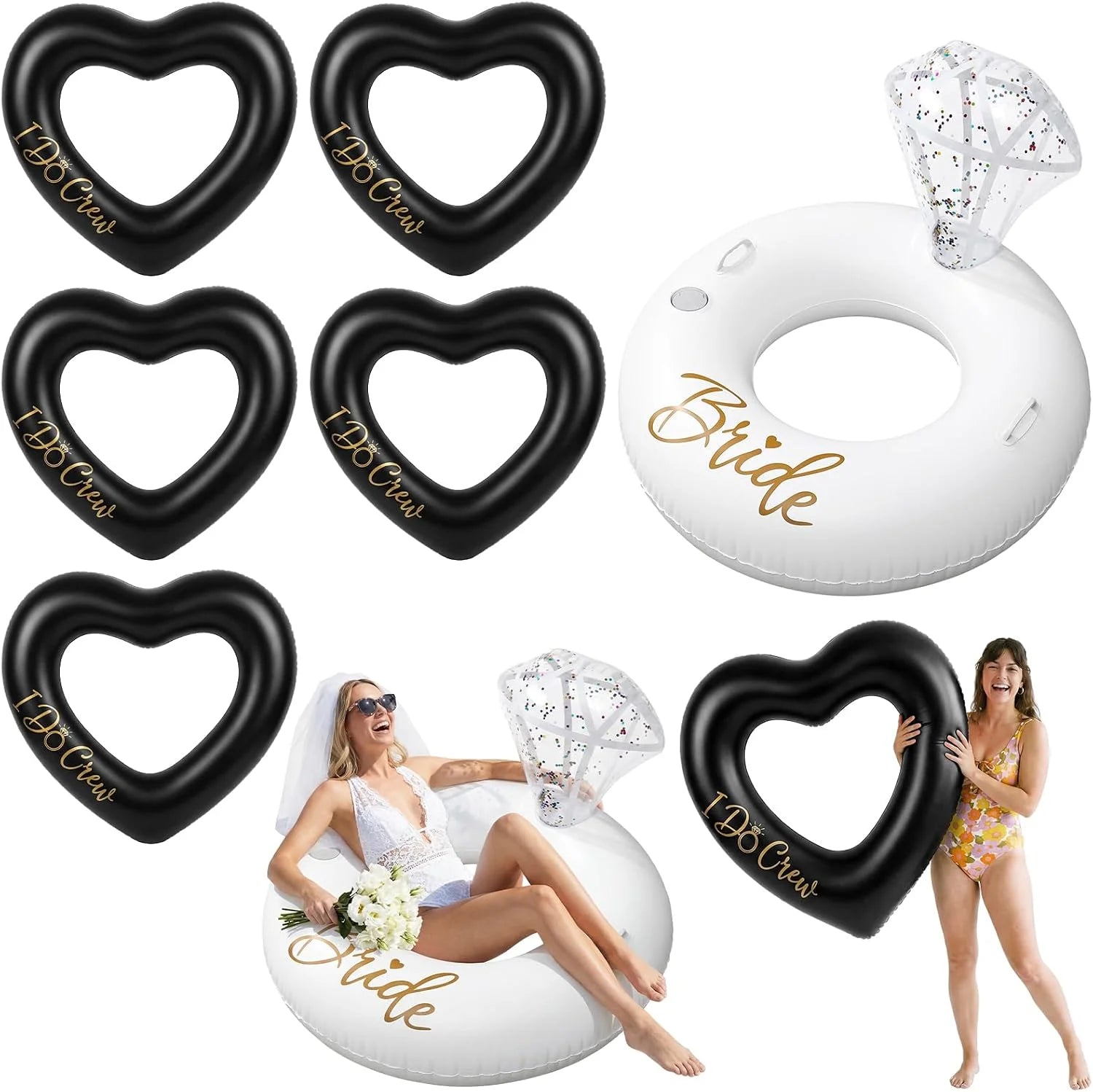 Discount 6 Pcs Bachelorette Pool Floats, 1 Diamond Ring & 5 Pink Heart Loungers, Inflatable Party Decorations for Bridal - Image 2