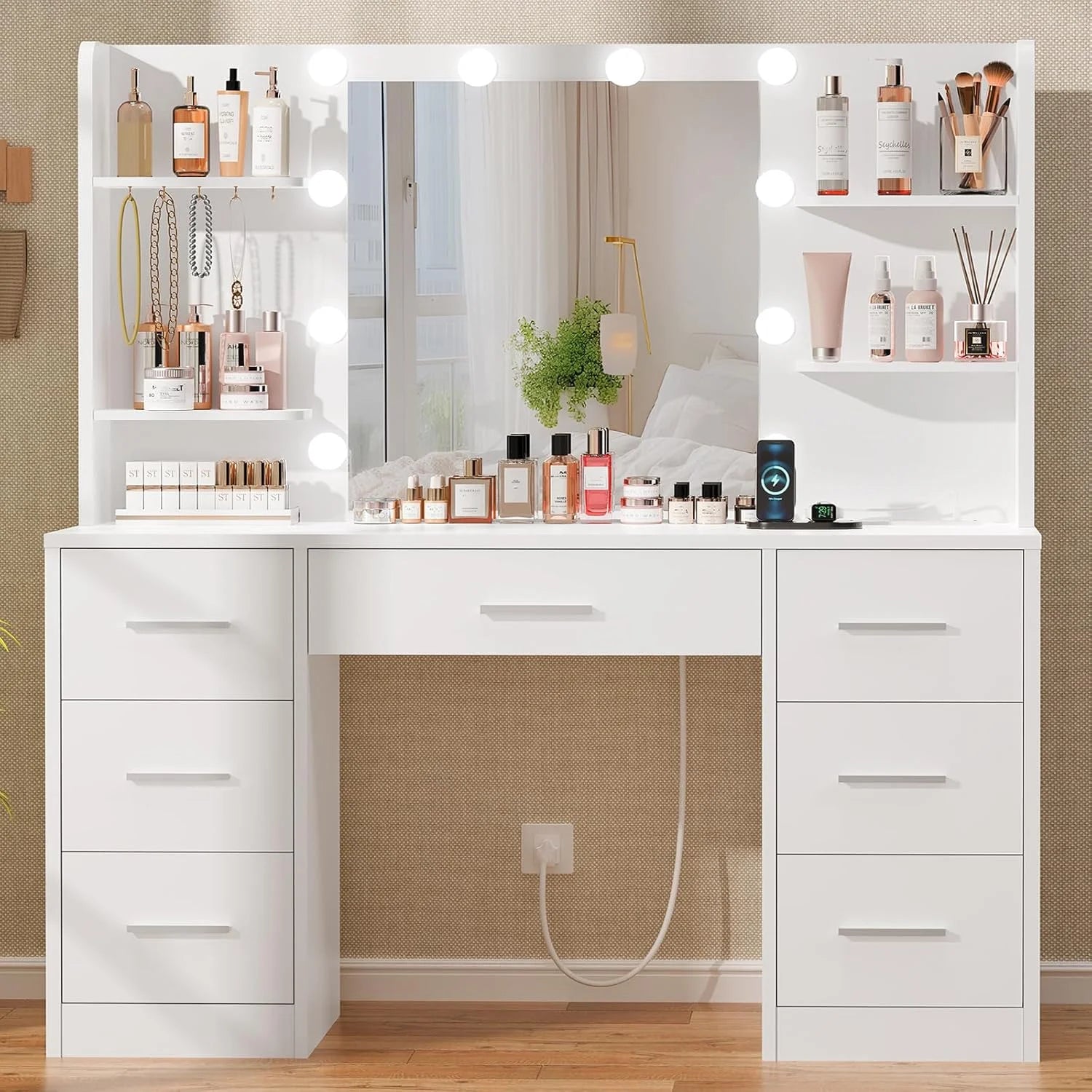 Discount Large Vanity Desk with LED Lighted Mirror & Power Outlet, Makeup Vanity Table with 7 Drawers