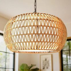 Discount Jump 5-Lights Boho Rattan Chandelier for Dining Room, 19 Farmhouse Chandelier Light Fixtures with Fabric Shade