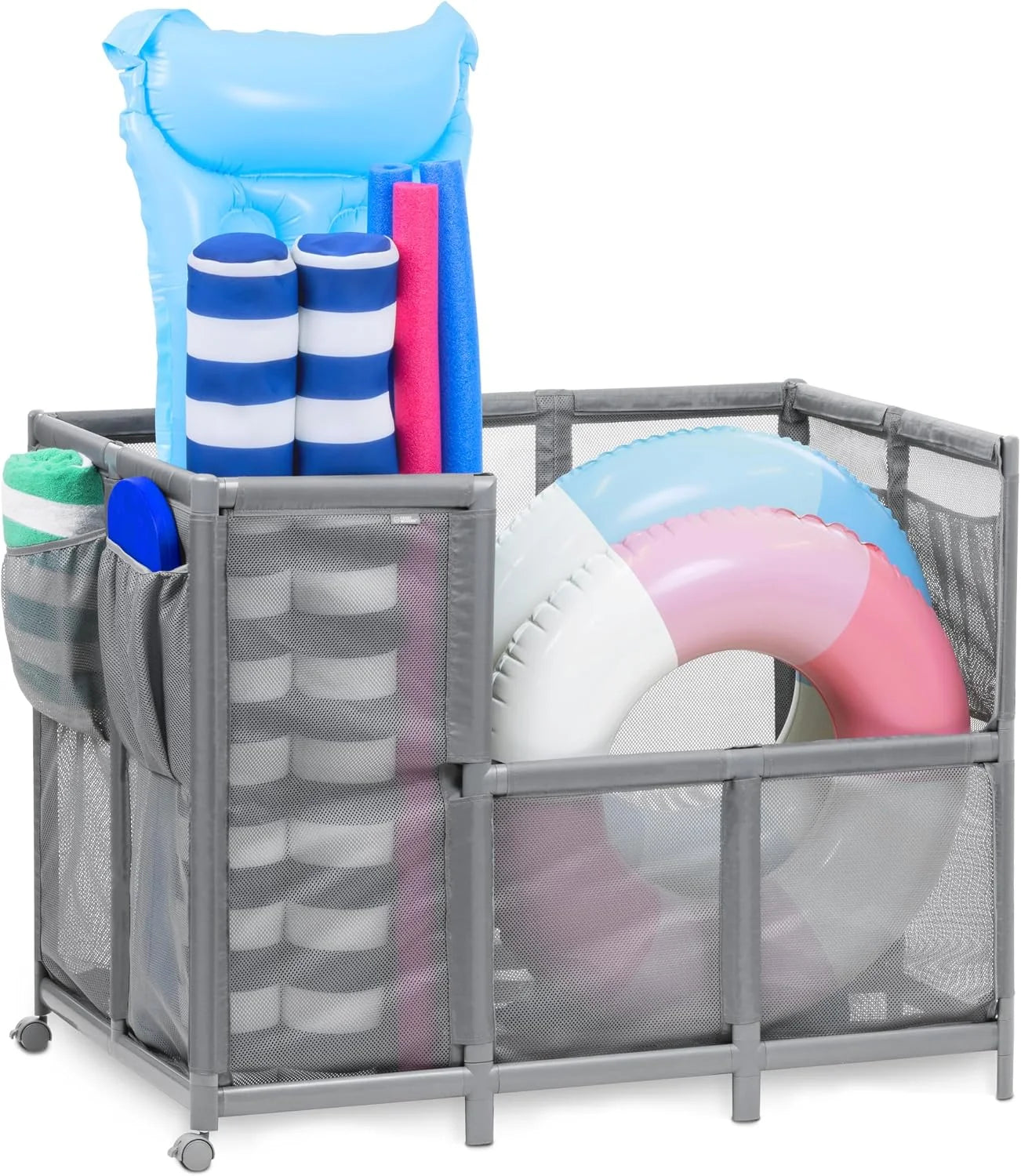 Discount Coast Modern Pool Organizer for Floats and Toys – Extra Large Mesh Pool Storage Bin for Outdoors – Gray