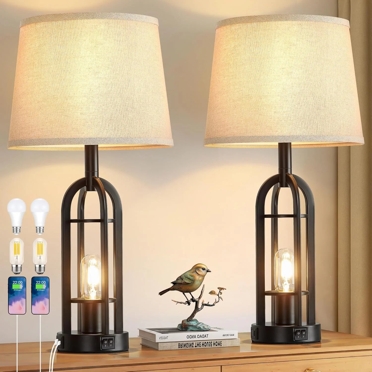 Discount Black Table Lamps for Living Room Set of 2, Farmhouse Lamps for Night Stands with USB A+C - Image 4