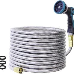 Lumi Discount Garden Hose, Stainless Steel Water Hose, Flexible with a 10-Mode Nozzle Sprayer, 5/8" Outside Diameter