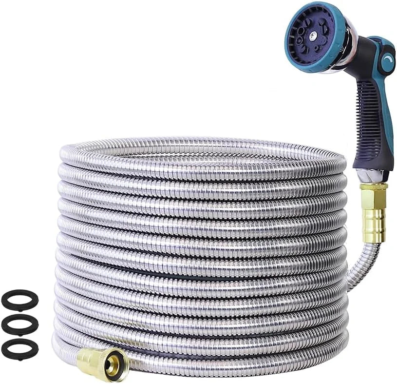 Lumi Discount Garden Hose, Stainless Steel Water Hose, Flexible with a 10-Mode Nozzle Sprayer, 5/8" Outside Diameter