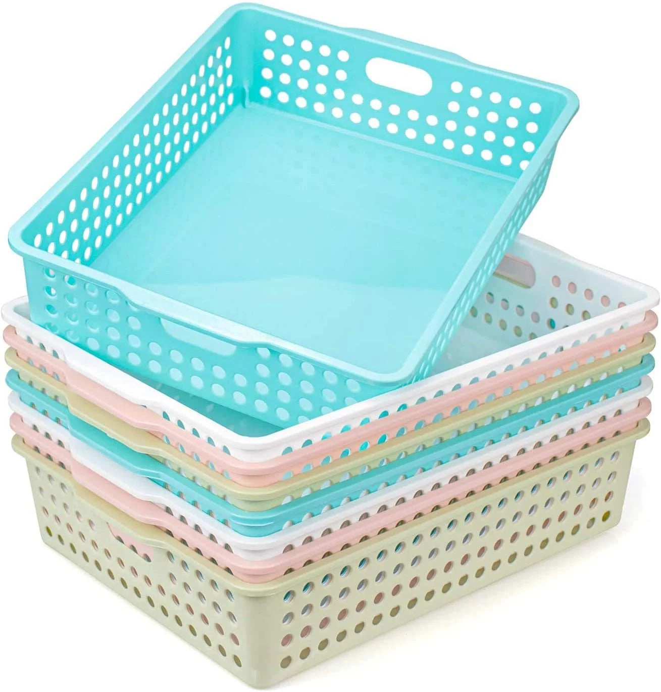 Lumi Discount Plastic Storage Baskets, Colorful Paper Organizer Baskets Plastic Shelf Bins with Handles, Classroom Office