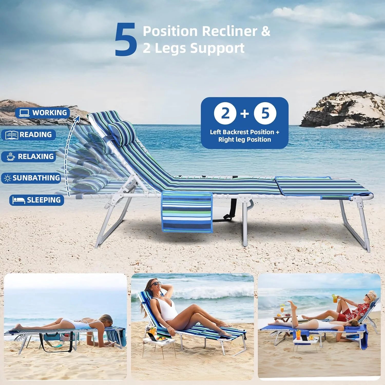 Lumi Discount Beach Chair Face Holes, Lounge Chair Outdoor with Folding Side Table, 5-Position Recliner, Max 330lbs - Image 5
