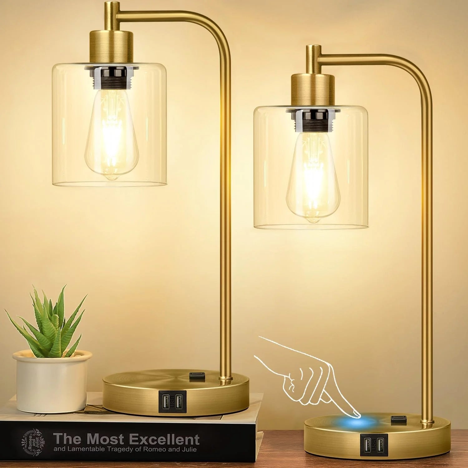 Discount Set of 2 Industrial Touch Control Table Lamps with USB C+A Ports and AC Outlet, Dimmable, Bulb Included - Image 2